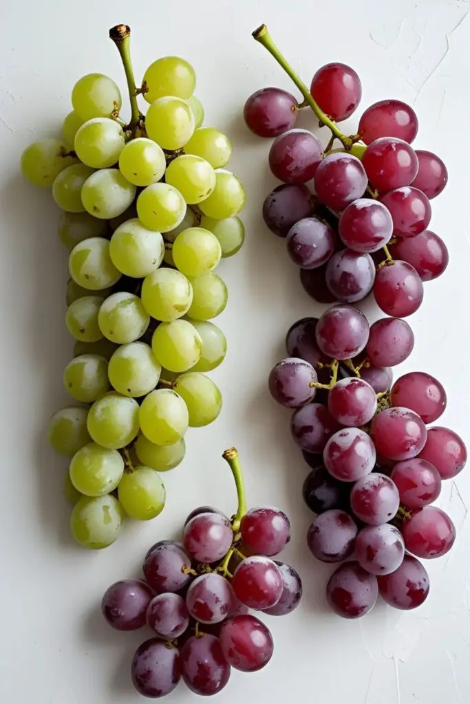  A flat lay showing two large bunches of fresh grapes, one green and one red, perfect for making frozen grapes.
