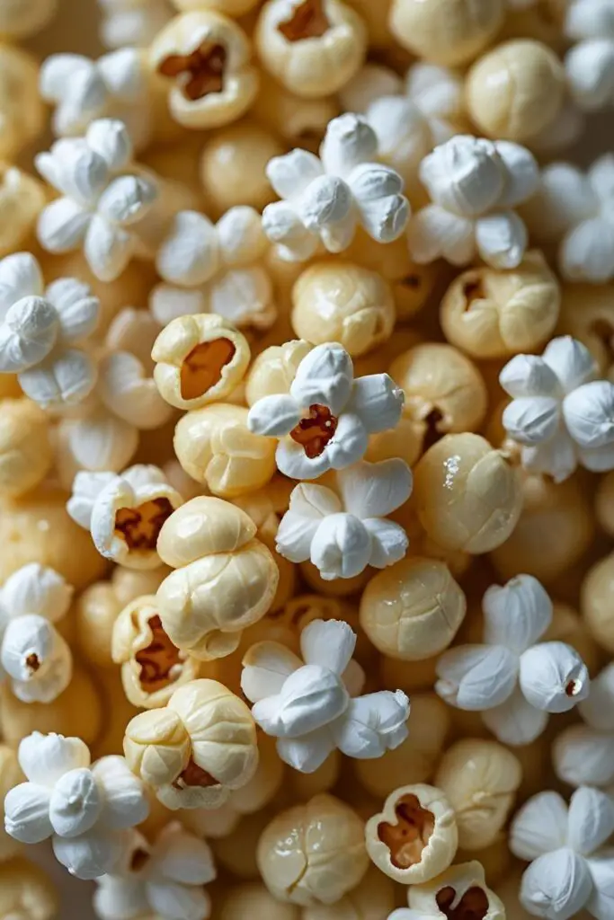  A close-up macro shot of a few pieces of freshly made stovetop popcorn, showing the fluffy texture and glistening melted butter.