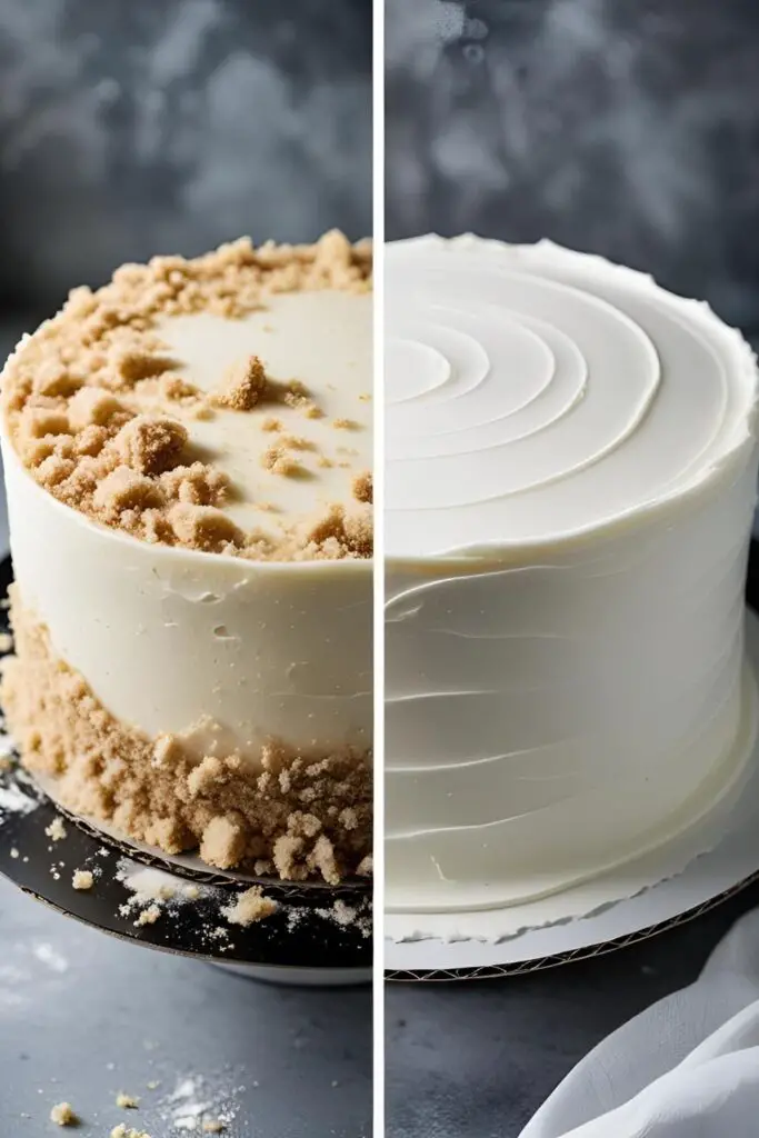 Two images showing a cake before and after the final icing, demonstrating the importance of a crumb coat for a smooth finish.
