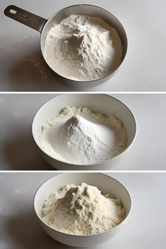 A collage showing the ingredients and process for making cake flour: flour and cornstarch.