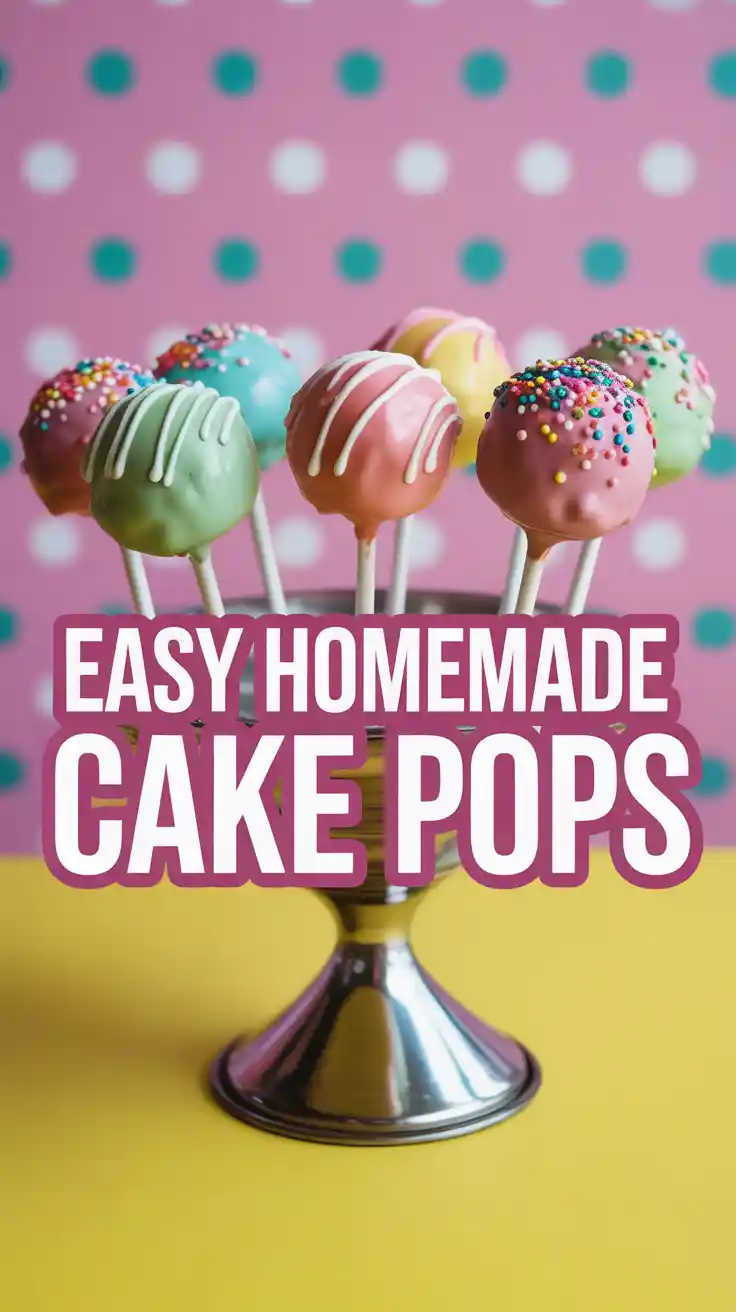 A collection of colorful, sprinkle-covered homemade cake pops displayed in a stand, ready for a party.