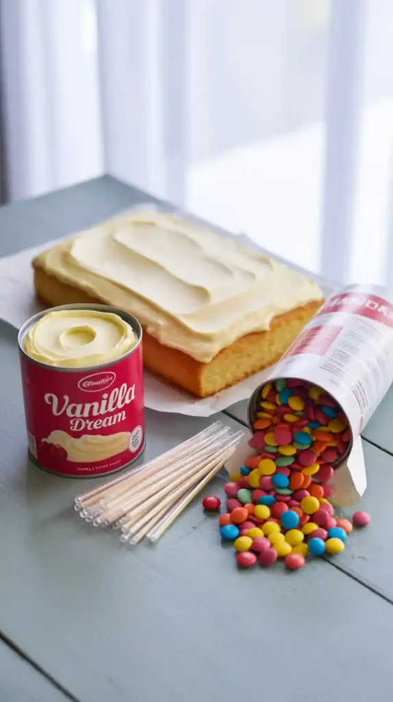 A flat lay of the key ingredients for making cake pops: a baked cake, a can of frosting, candy melts, and lollipop sticks.