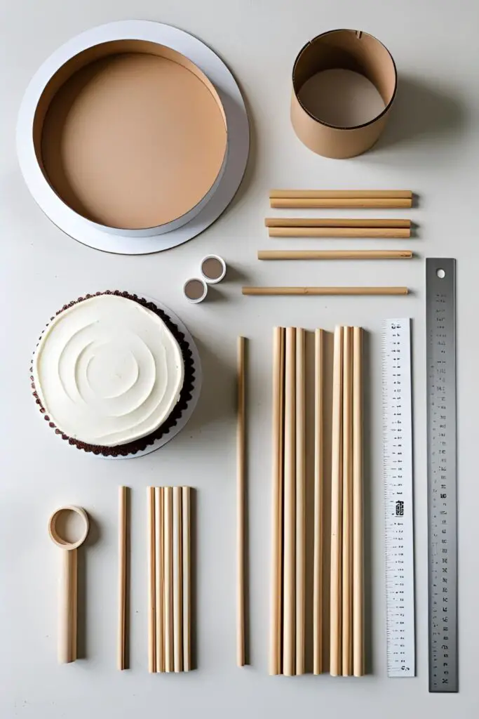 A flat lay of the essential tools and supplies for stacking cakes, including dowels, cake boards, and cutters.