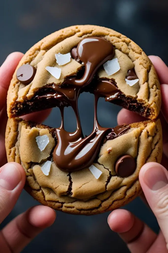  An extreme close-up shot of a chocolate chip cookie being broken in half, showing the gooey, melted chocolate stretching between the two pieces.