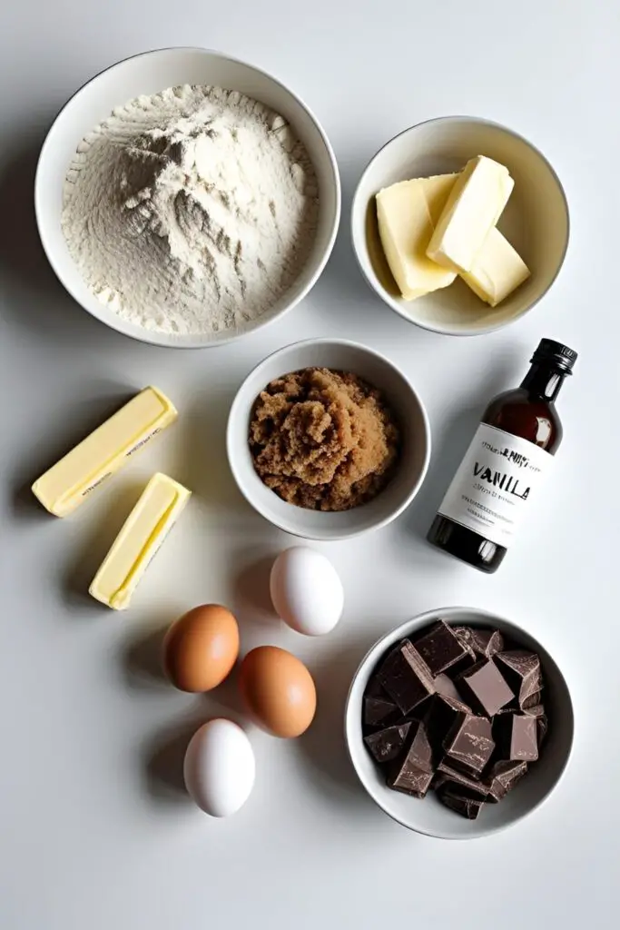 Ingredients for making chocolate chip cookies from scratch, including flour, butter, sugar, eggs, and chocolate, arranged in a flat lay.

