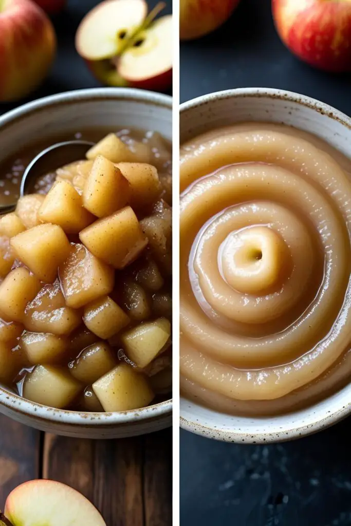 Two bowls of homemade applesauce side-by-side, one showing a chunky texture and the other a smooth texture.