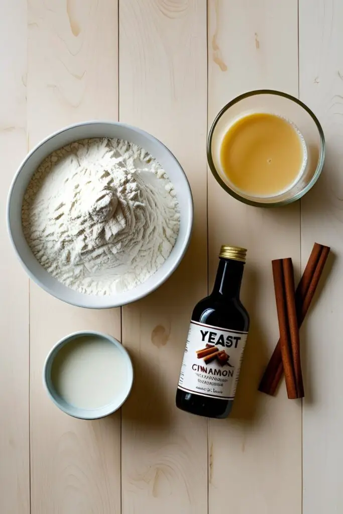A flat lay of ingredients for making homemade cinnamon buns, including flour, yeast, milk, and cinnamon.