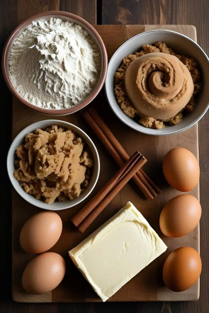 A flat lay of the ingredients needed to make homemade cinnamon rolls, including flour, brown sugar, and cream cheese