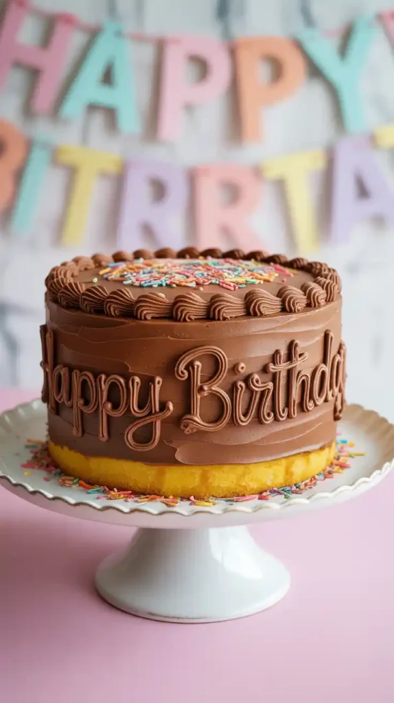 A classic two-layer yellow birthday cake with chocolate frosting and sprinkles, displayed on a cake stand.
