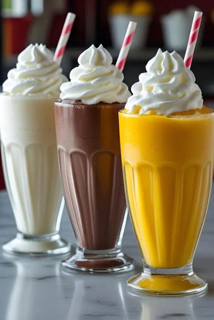 Three classic milkshakes—vanilla, chocolate, and mango—lined up, each topped with whipped cream.