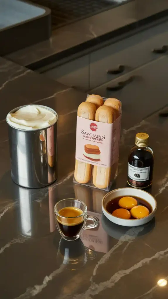 A flat lay of the key ingredients for an authentic tiramisu recipe: ladyfingers, mascarpone, egg yolks, and espresso.