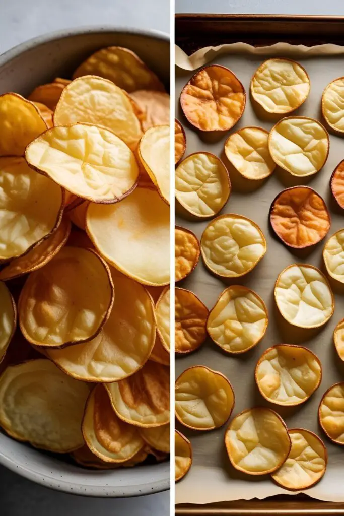 Two variations of homemade chips: a bowl of crispy deep-fried chips and a baking sheet of golden baked chips.
