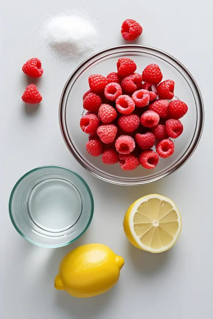 A flat lay of ingredients for making sorbet: fresh raspberries, sugar, water, and a lemon.