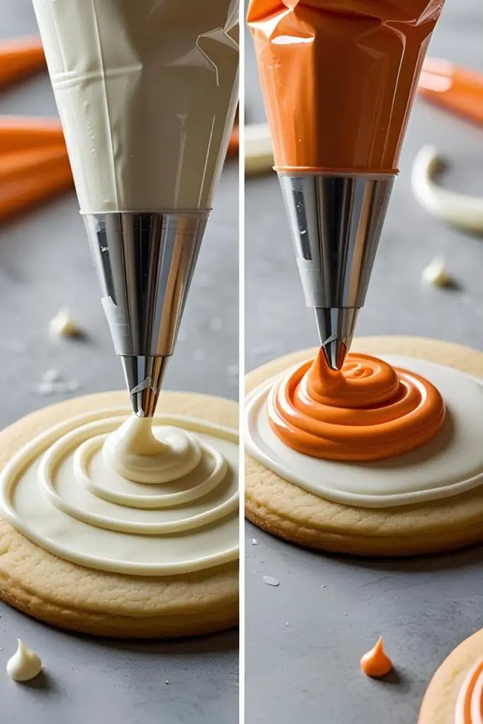 A two-panel image demonstrating the difference between outline and flood cookie icing and showing the decorating technique in action.