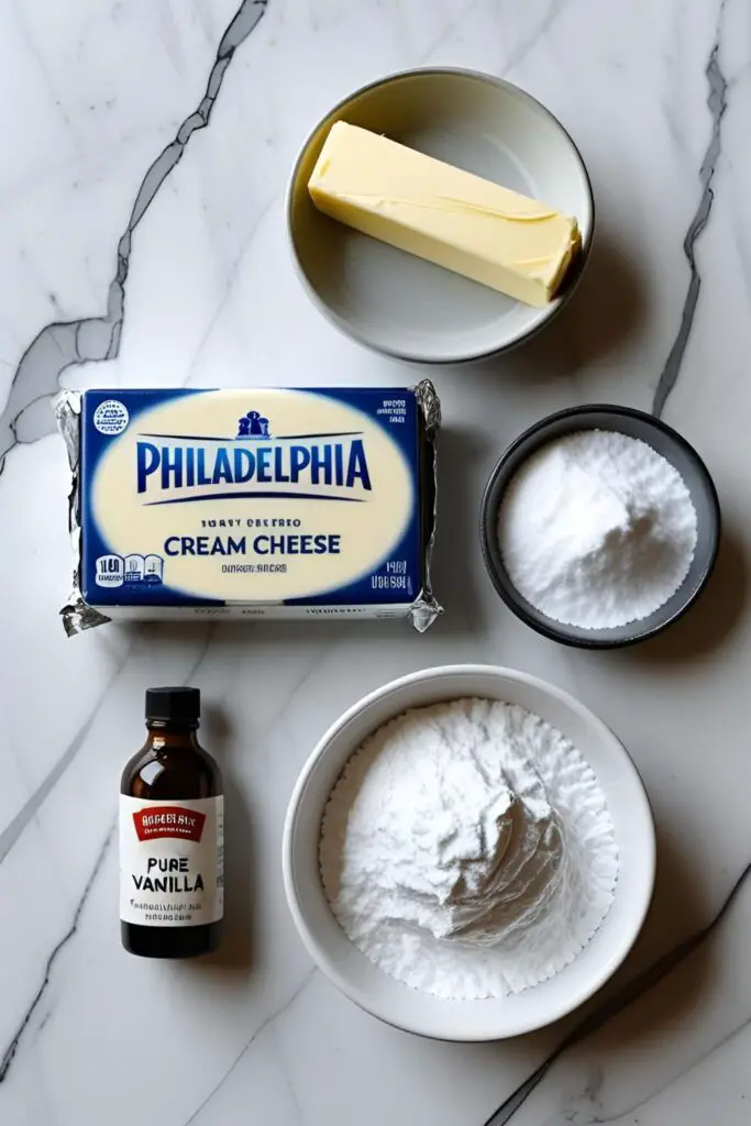 A flat lay photo of the 4 ingredients for cream cheese frosting: a block of cream cheese, butter, powdered sugar, and vanilla extract.

