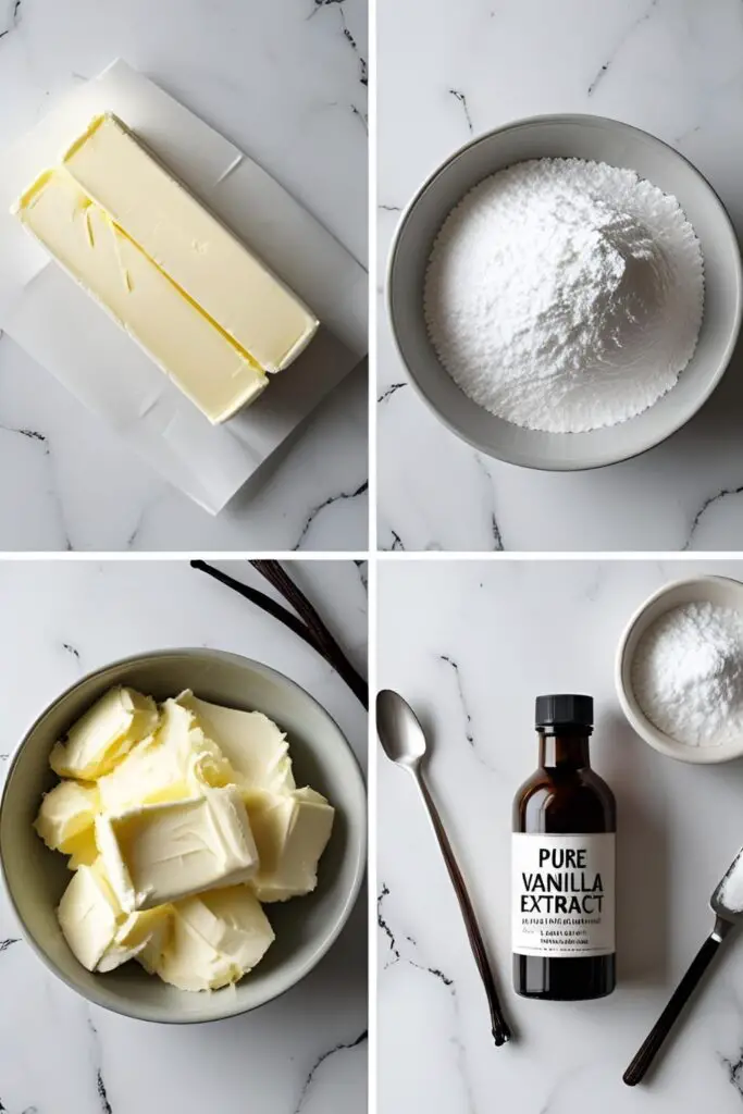 The four simple ingredients needed to make the best cream cheese icing: block cream cheese, butter, powdered sugar, and vanilla.