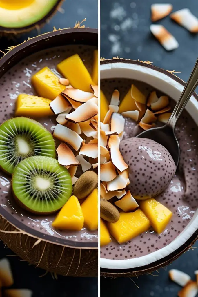 Two images of homemade acai bowls. One is a tropical version in a coconut bowl, and the other is a close-up showing the thick, creamy texture with a spoon.