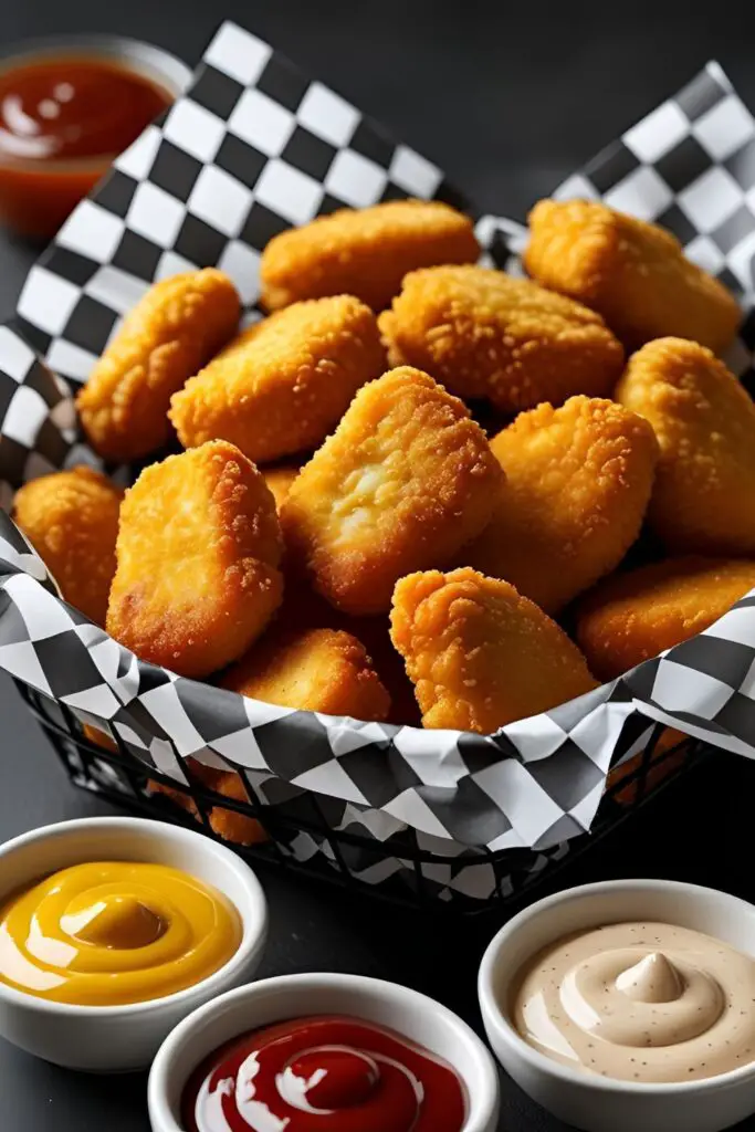 A basket of crispy, golden homemade chicken nuggets served with an assortment of delicious dipping sauces.