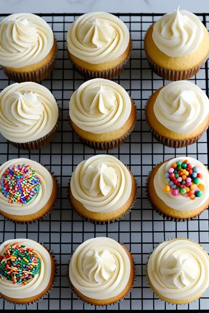 A batch of several homemade vanilla cupcakes decorated with beautiful swirls of buttercream frosting and sprinkles.