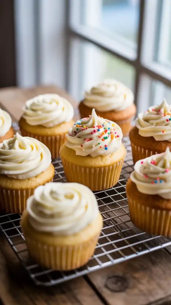 A batch of several homemade vanilla cupcakes decorated with beautiful swirls of buttercream frosting and sprinkles.