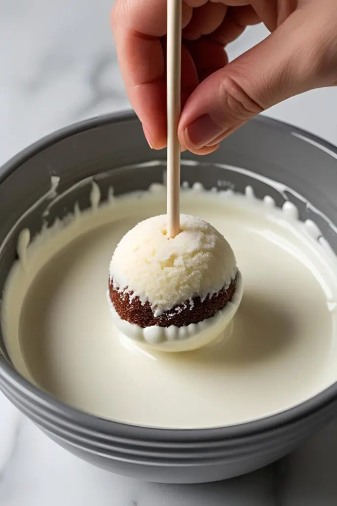  A hand dipping a cake pop into a bowl of melted white candy melts, demonstrating the coating process.