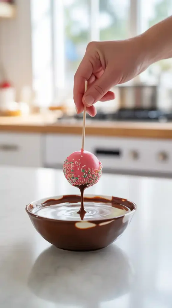 A hand dipping a cake pop into a bowl of melted white candy melts, demonstrating the coating process.