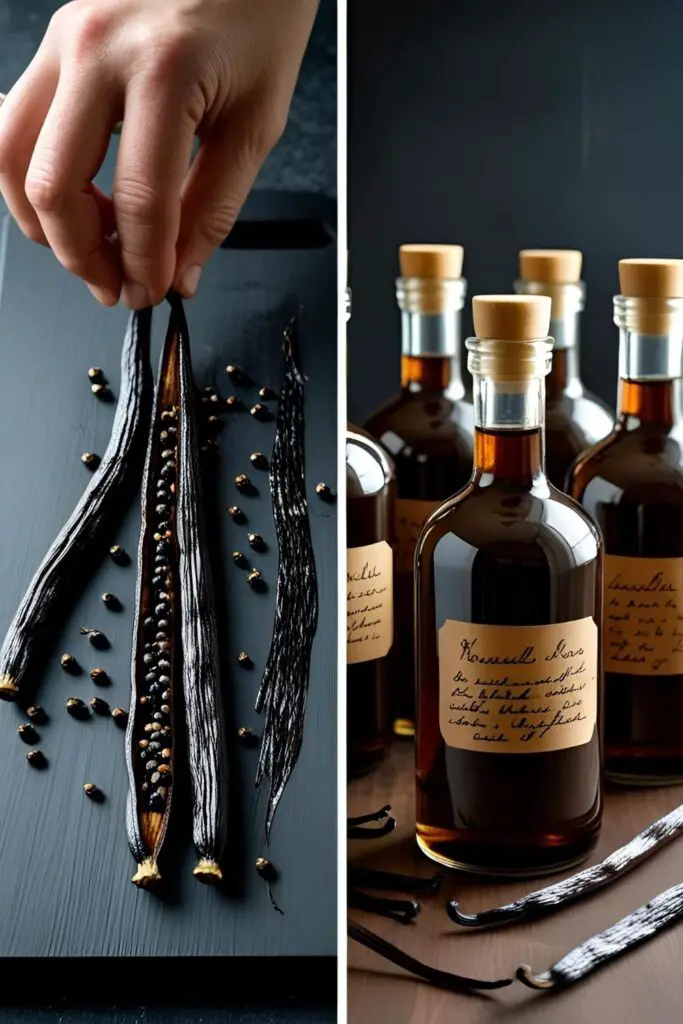 A two-panel image showing a vanilla bean being split and the finished bottles of homemade vanilla extract ready for gifting.