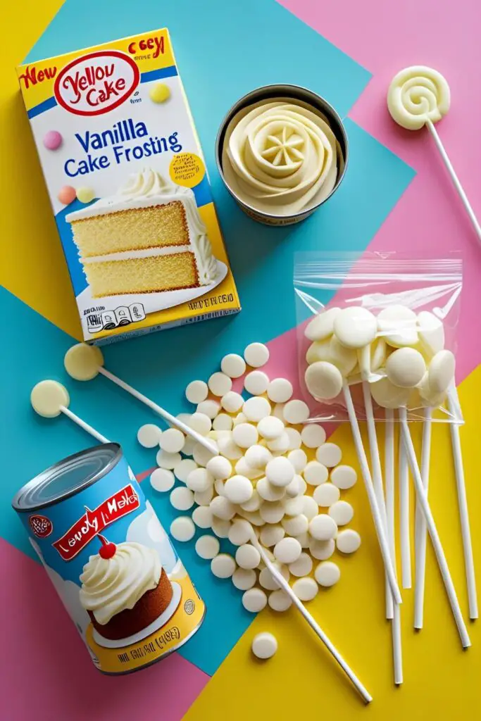 The simple ingredients for making easy cake pops: a box of cake mix, a can of frosting, candy melts, and lollipop sticks.