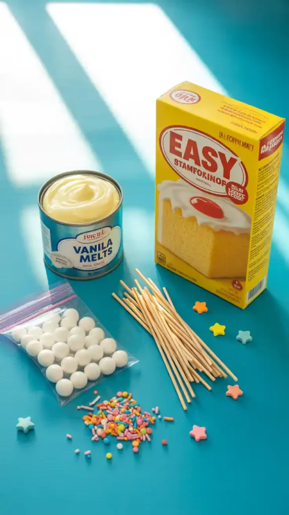 The simple ingredients for making easy cake pops: a box of cake mix, a can of frosting, candy melts, and lollipop sticks
