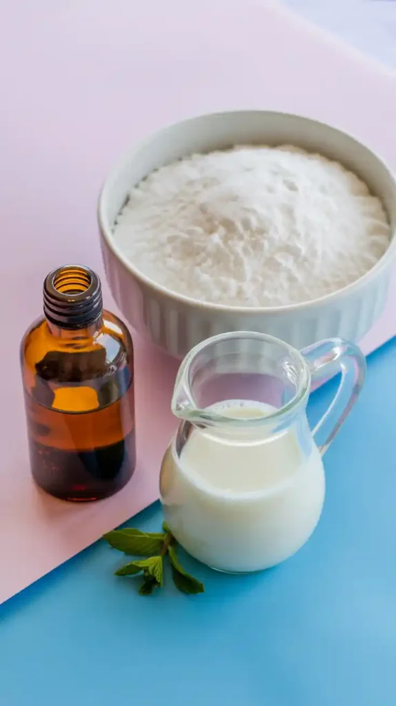 A flat lay of the simple ingredients for making cookie icing: powdered sugar, milk, and corn syrup.