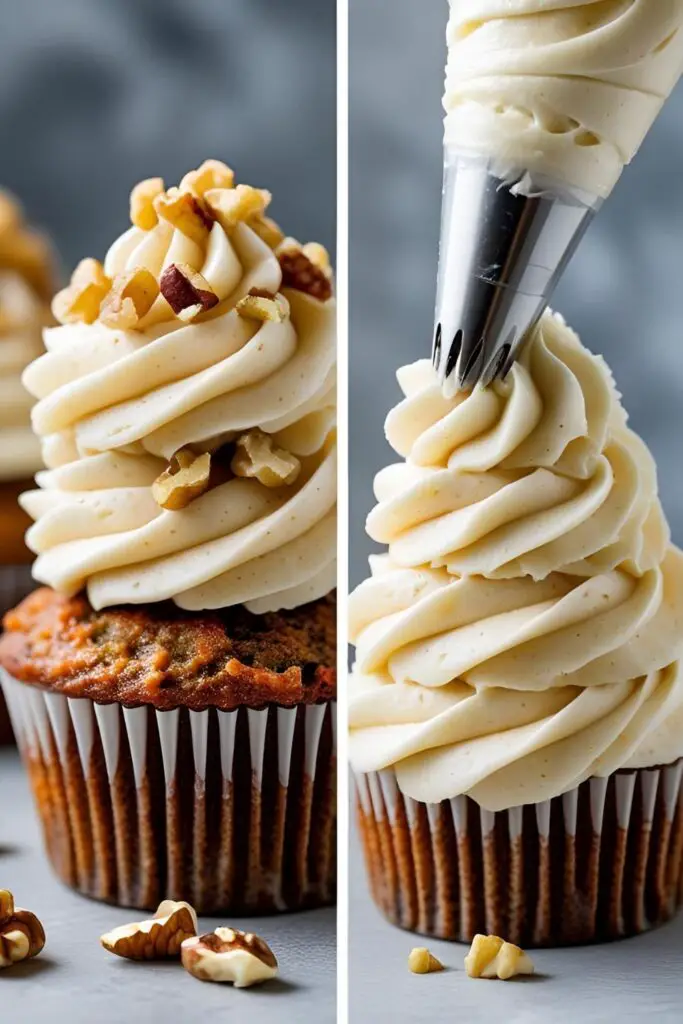 Two images showing a stable cream cheese frosting: one piped perfectly on a carrot cake cupcake and a close-up of it being piped from a bag.