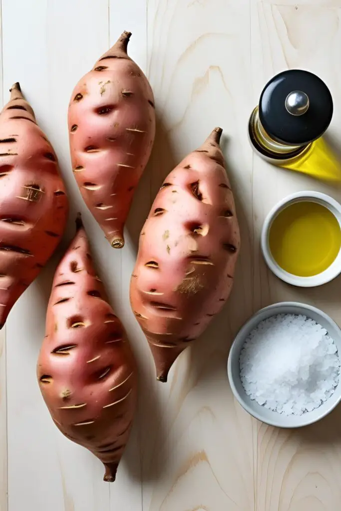 A flat lay of the simple ingredients for making sweet potatoes: whole sweet potatoes, olive oil, salt, and pepper.