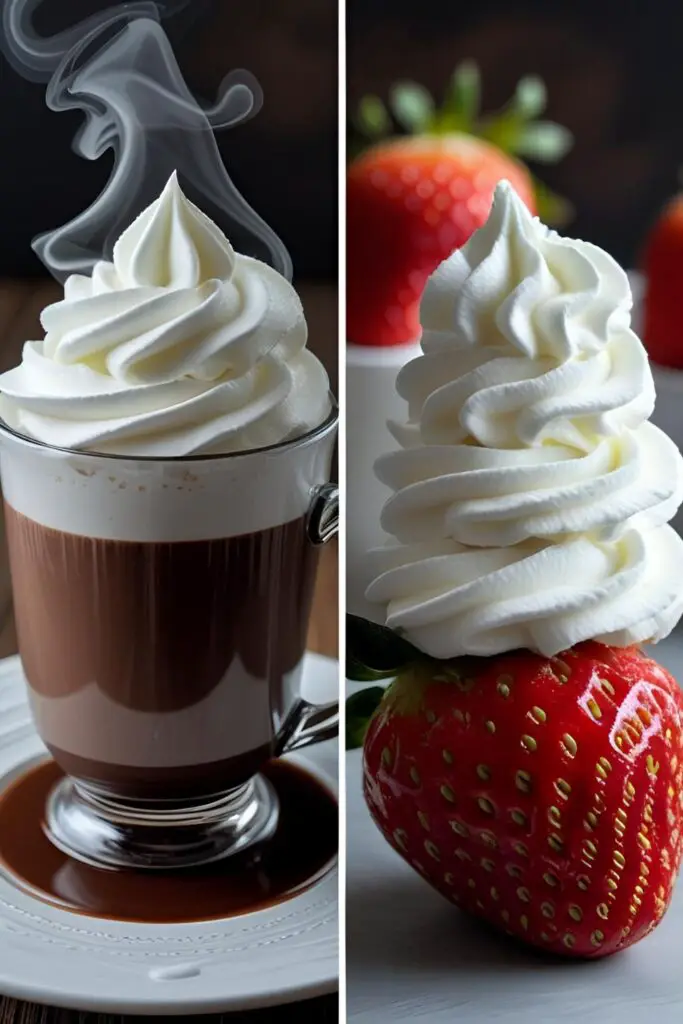 Two images showing uses for homemade whipped cream: a dollop on hot chocolate and a piped swirl on a strawberry.