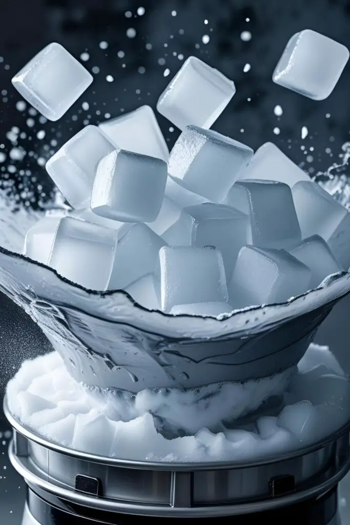 An action shot of a powerful blender turning solid ice cubes into a fluffy white powder, showing how to make edible snow.
