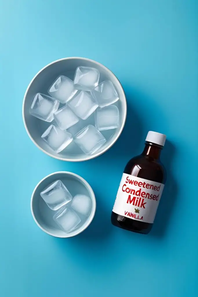 he simple ingredients for making edible snow cream: a bowl of ice, a can of sweetened condensed milk, and vanilla extract.