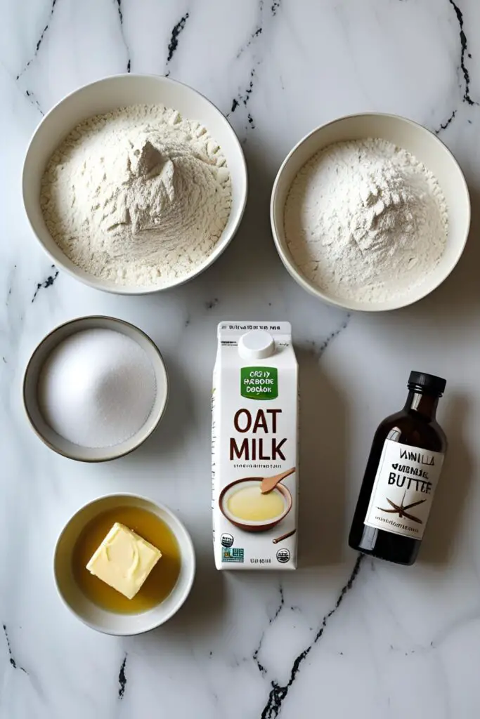 Ingredients for the easy eggless pancake recipe, including flour, sugar, oat milk, and vanilla, arranged on a white background.