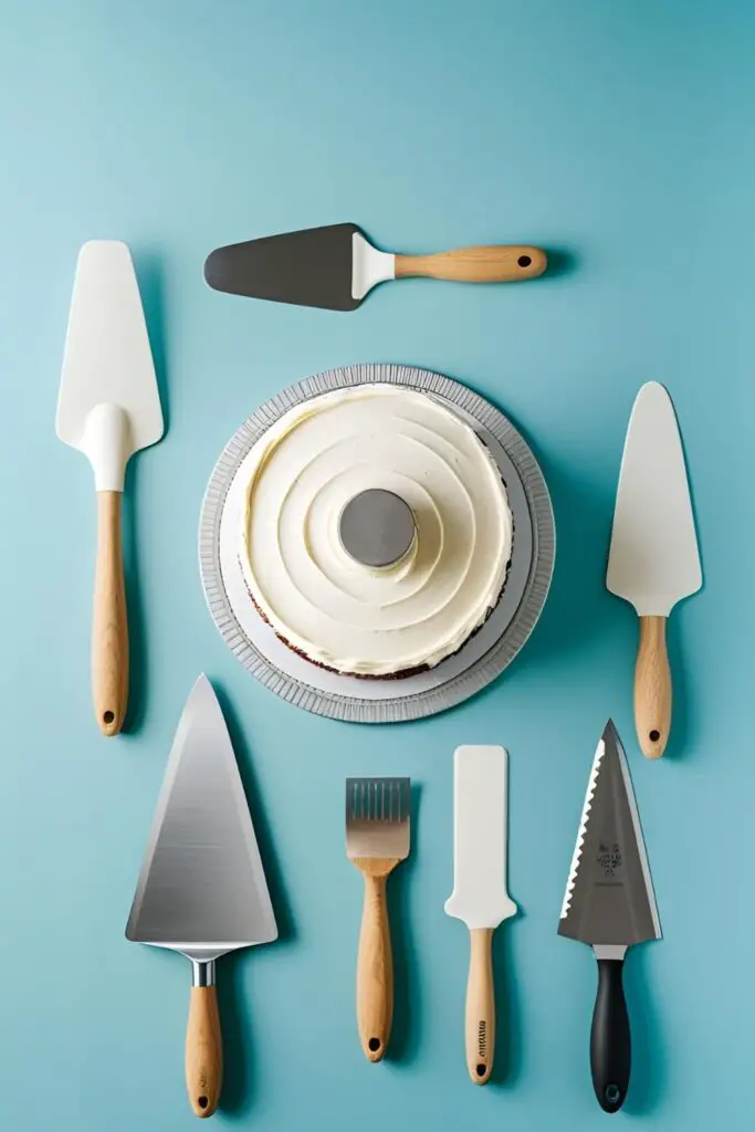 A flat lay of essential cake icing tools for beginners, including a turntable, offset spatula, and bench scraper.