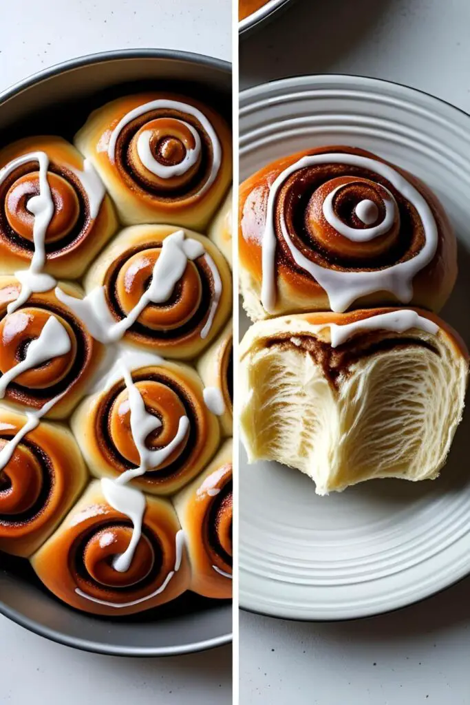 A two-panel image showing a round pan of freshly glazed cinnamon buns and a close-up of a single bun with a bite taken out.