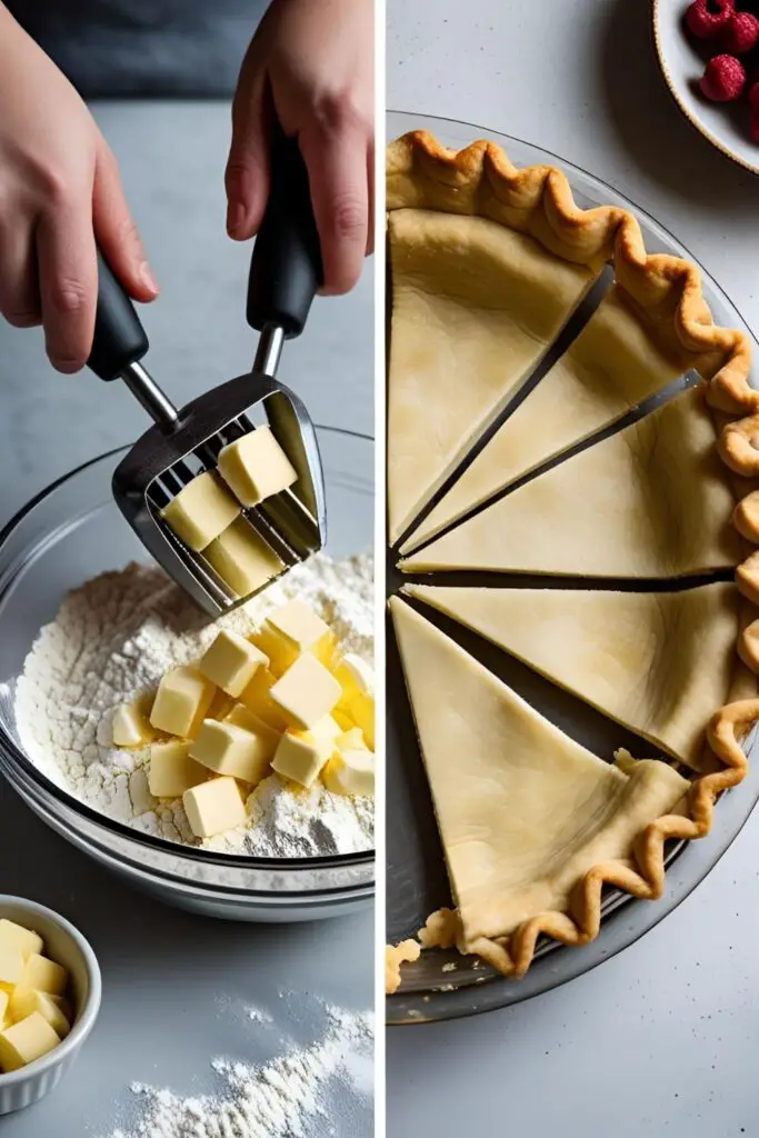Two images showing how to make pie crust: one of cutting butter into flour, and a close-up of the finished flaky layers in a slice of pie.


