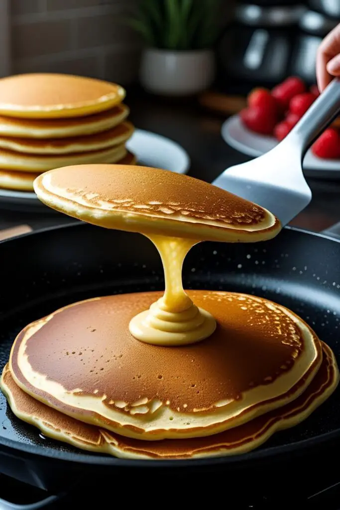 A perfect, golden-brown pancake being flipped in a hot skillet, showcasing the ideal cooking technique for fluffy pancakes.
