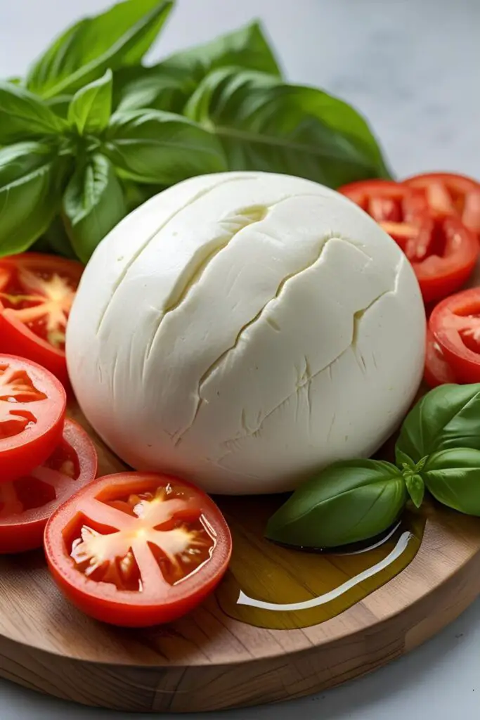 A perfect, glistening ball of fresh homemade mozzarella cheese, ready to be sliced for a caprese salad.