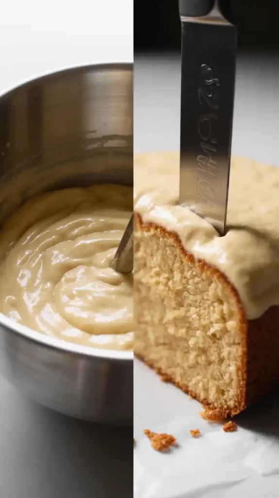 Two images showing the process of making a gluten-free cake: one of the batter resting, and a close-up of the finished moist cake crumb.