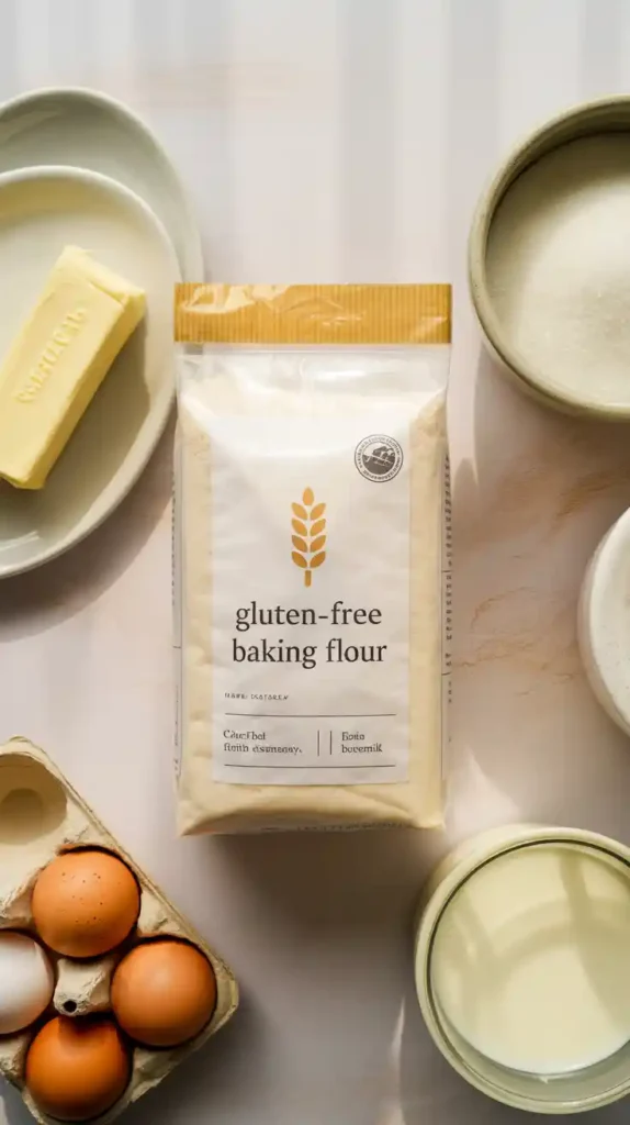 A flat lay of the key ingredients for a moist gluten-free cake, including a 1-to-1 GF flour blend, butter, and buttermilk.