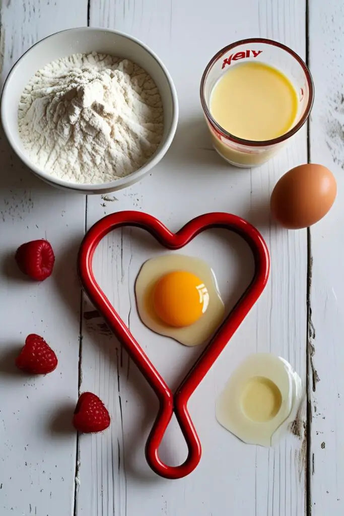 A romantic flat-lay of ingredients for buttermilk pancakes, including buttermilk, flour, an egg, and a heart-shaped mold.