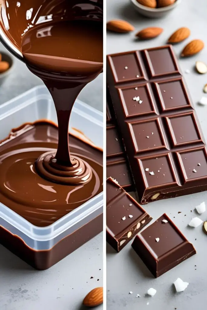A two-panel image showing liquid chocolate being poured into a mold and the finished, broken homemade chocolate bar.