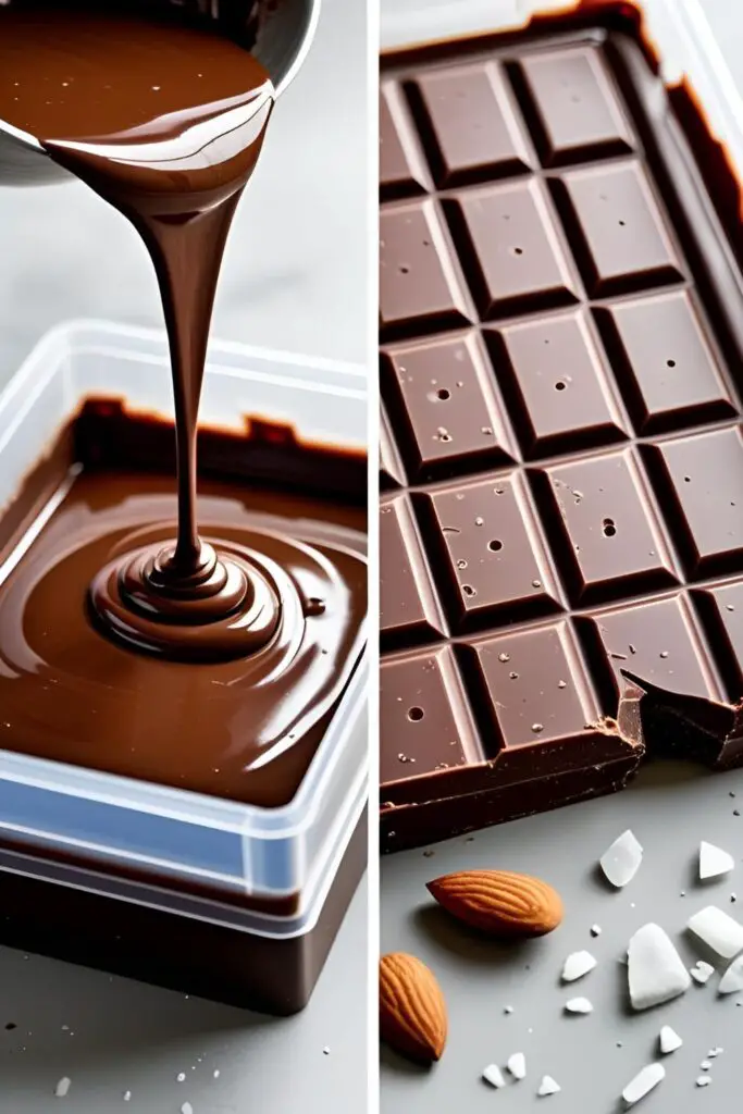A two-panel image showing liquid chocolate being poured into a mold and the finished, broken homemade chocolate bar