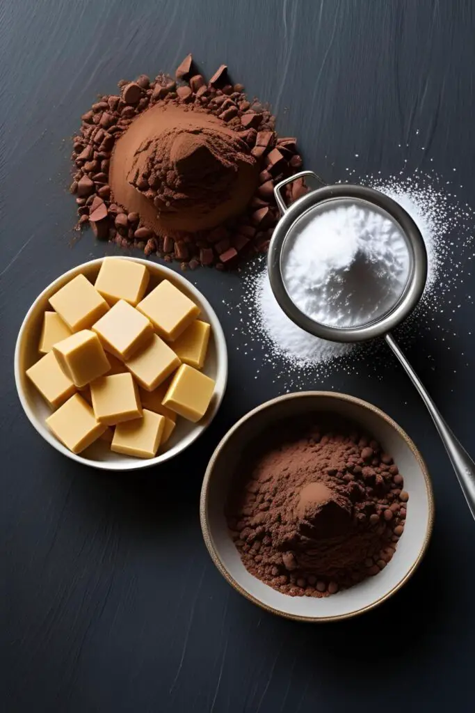 A flat lay of the ingredients needed to make chocolate at home: cocoa butter, cocoa powder, and powdered sugar.