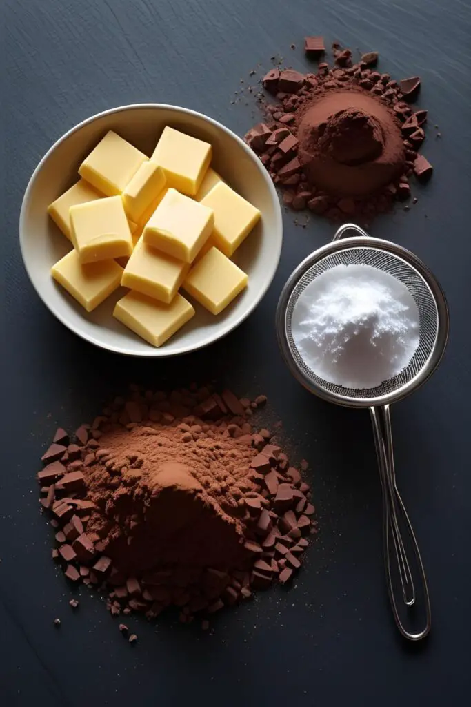 A flat lay of the ingredients needed to make homemade chocolate: cocoa butter, cocoa powder, and powdered sugar.