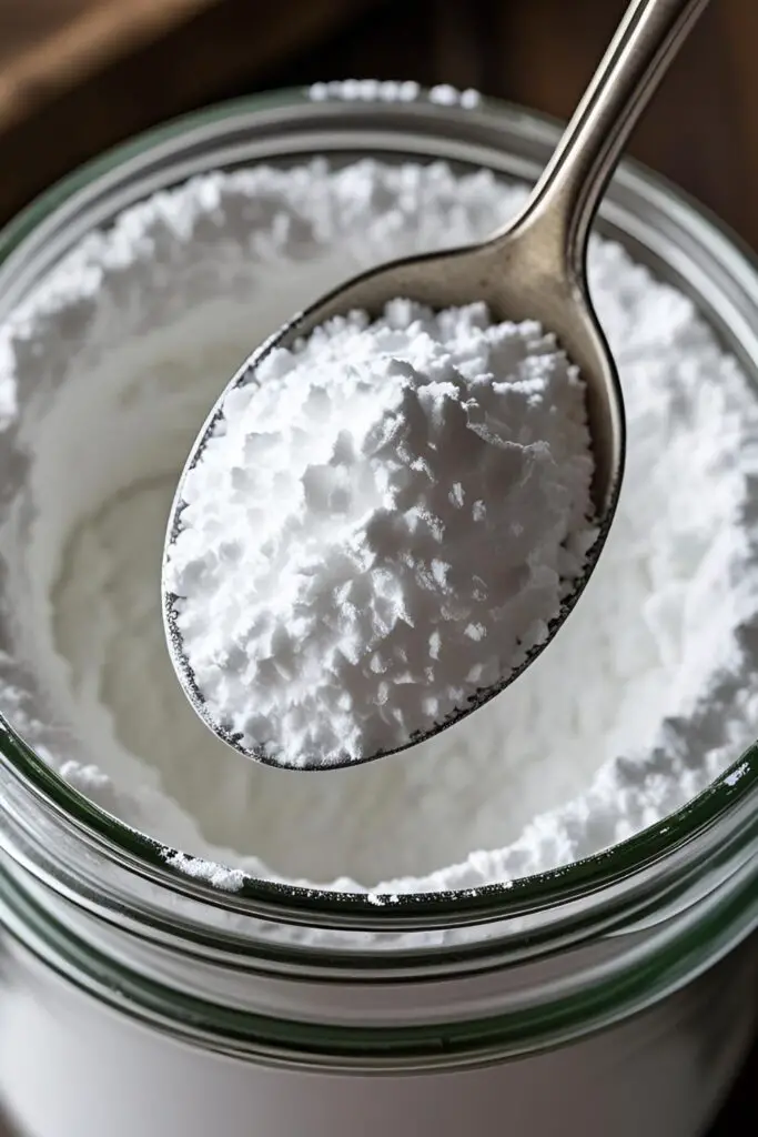 A close-up of a spoonful of soft, fluffy homemade powdered sugar, showing its fine texture.