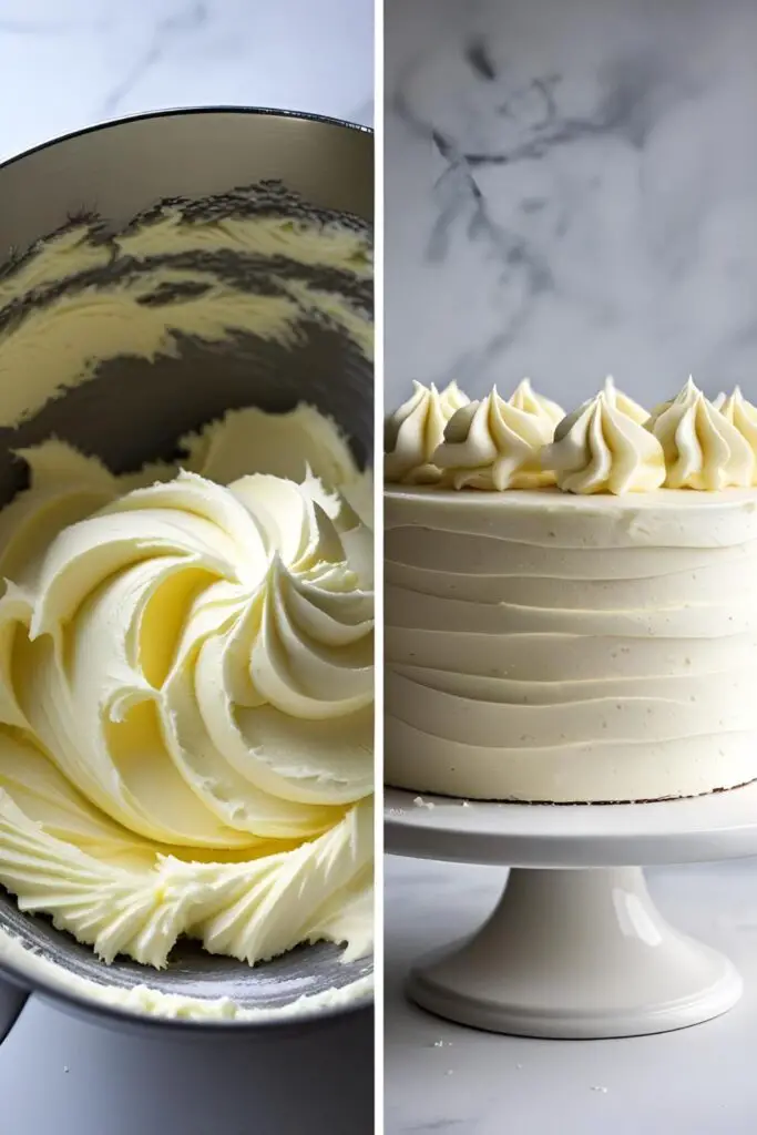 The process of making a homemade vanilla cake, showing the creamed butter and the final frosted cake.